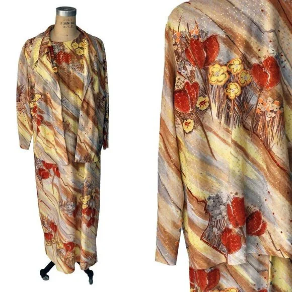 Vintage 70s Abstract Autumnal Sleeveless Dress - Picture 1 of 6